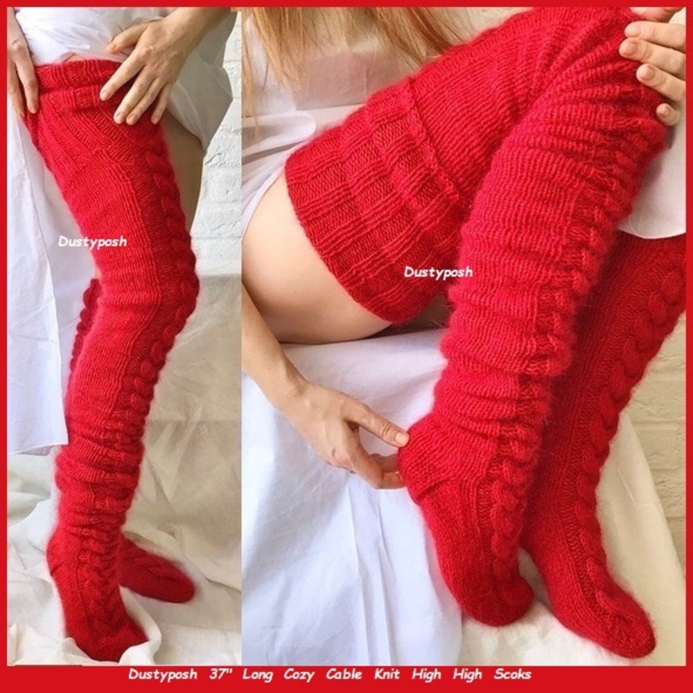 Plus Size Thick Thigh High Socks Over Knee Long Boot Red Rib Cable Bedroom Fun - Picture 13 of 15
